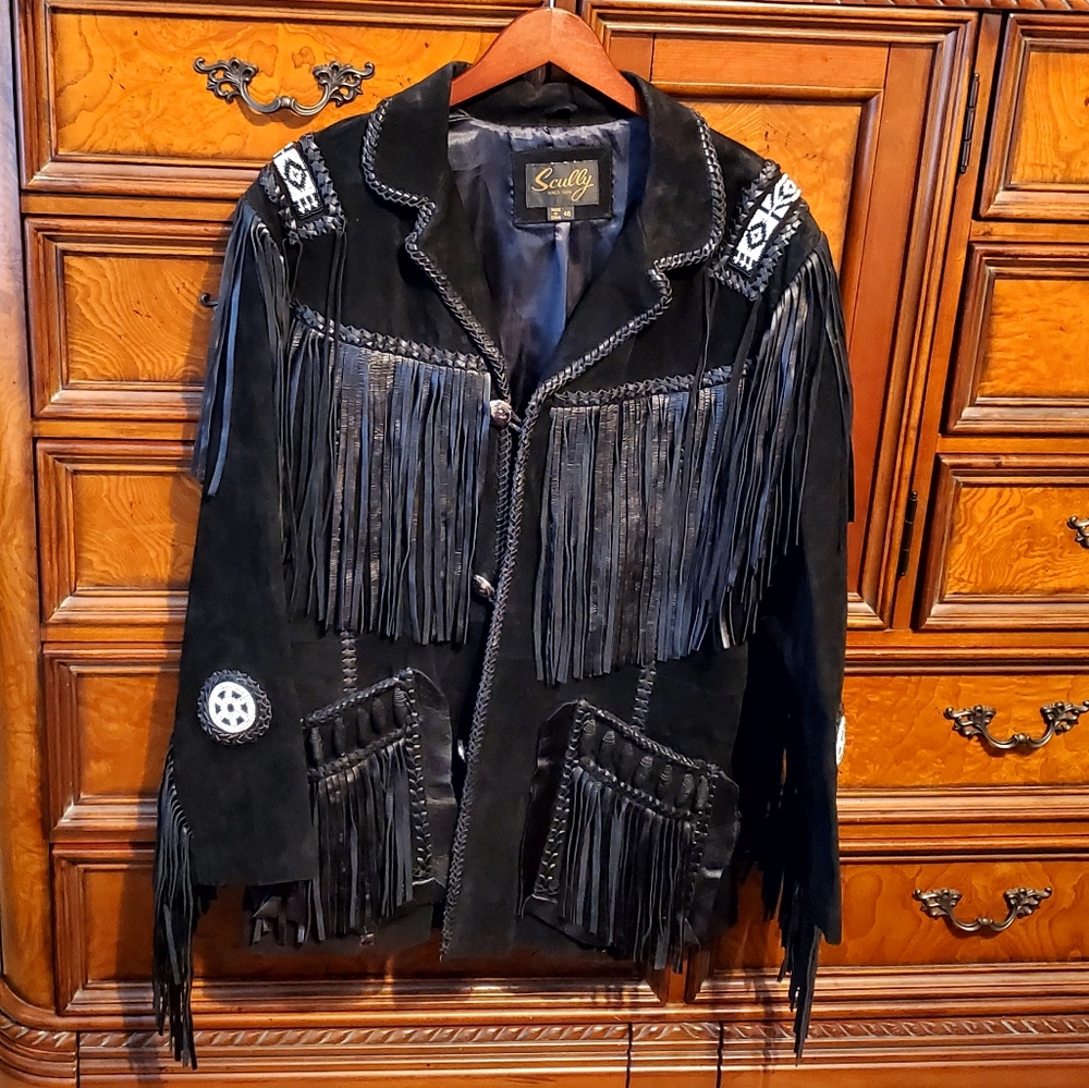 SCULLY 758 black leather fringe beaded jacket size 46
